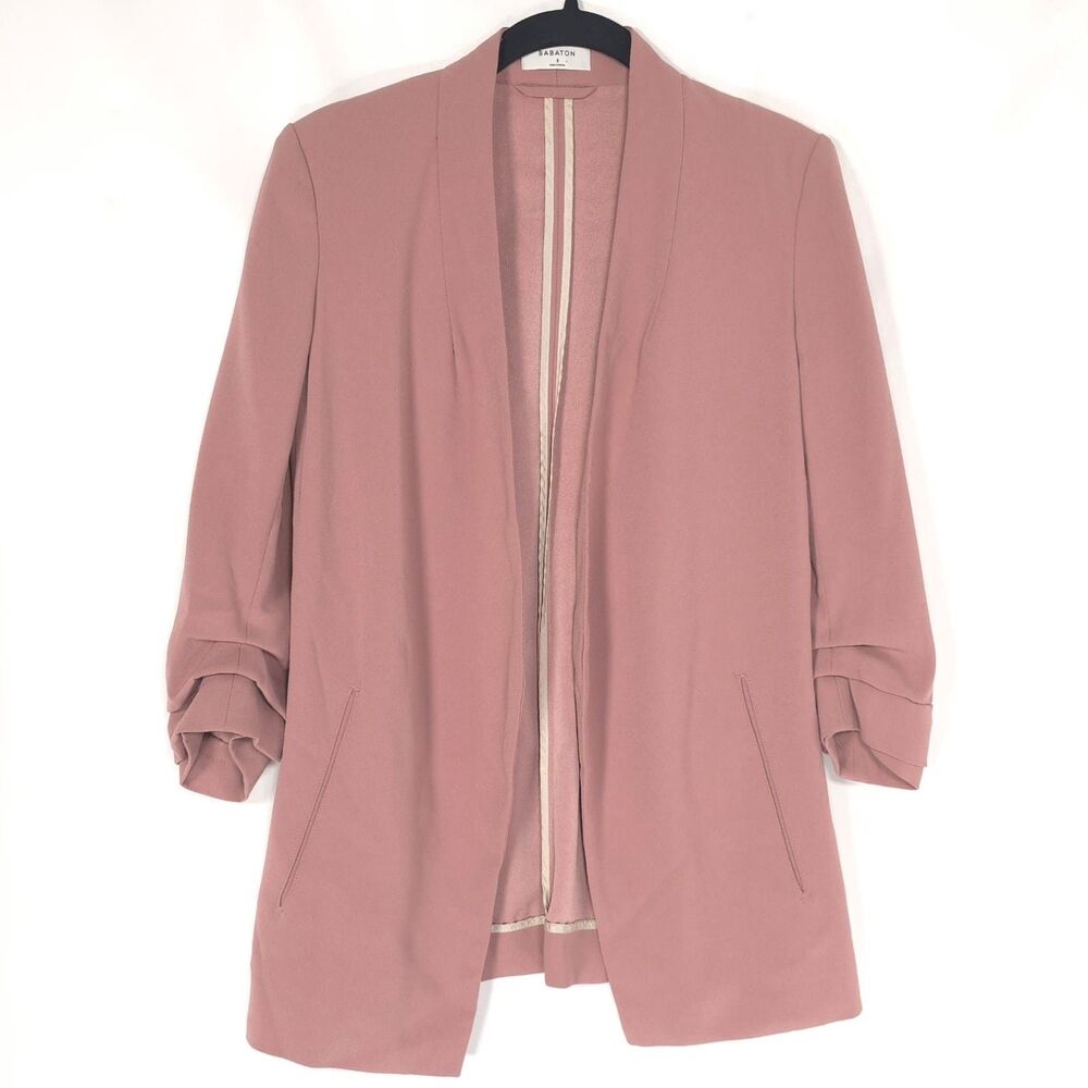 BABATON Women's Blazer Jacket 2 Ruched Sleeve Blush Open Front SBC1-4249-19
